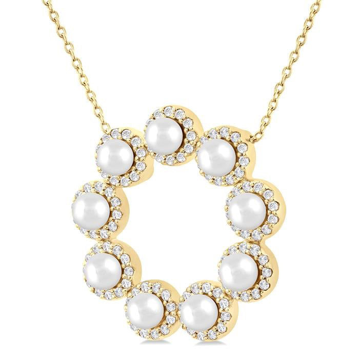 Circle Pearl & Halo Diamond Pendant