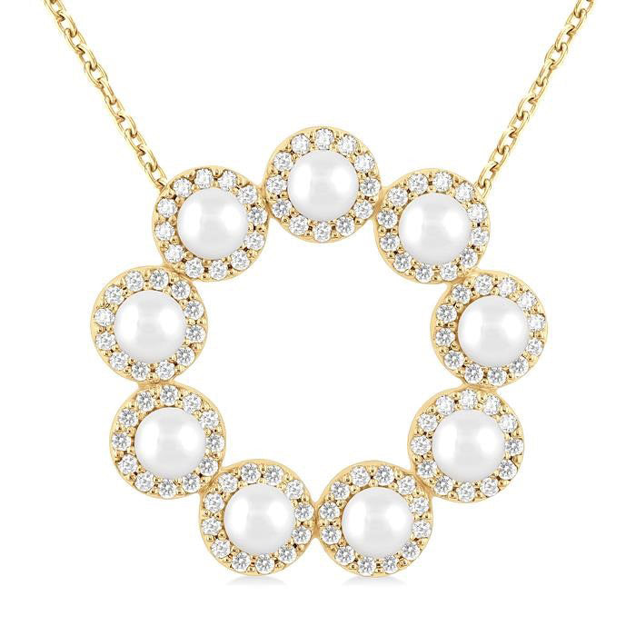 Circle Pearl & Halo Diamond Pendant