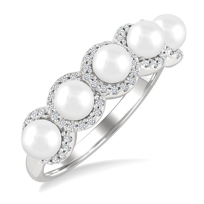 4 MM Round Shape Cultured Pearl and 1/5 Ctw Round Cut Diamond Halo Ring in 14K White Gold