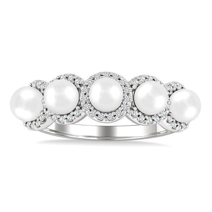 4 MM Round Shape Cultured Pearl and 1/5 Ctw Round Cut Diamond Halo Ring in 14K White Gold