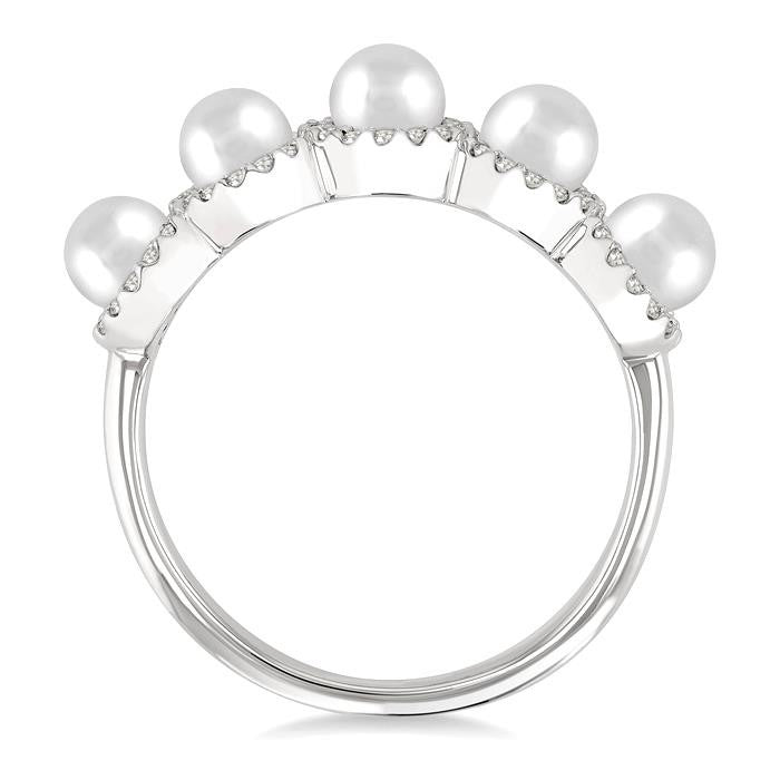 4 MM Round Shape Cultured Pearl and 1/5 Ctw Round Cut Diamond Halo Ring in 14K White Gold