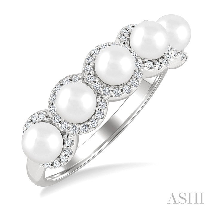 4 MM Round Shape Cultured Pearl and 1/5 Ctw Round Cut Diamond Halo Ring in 14K White Gold