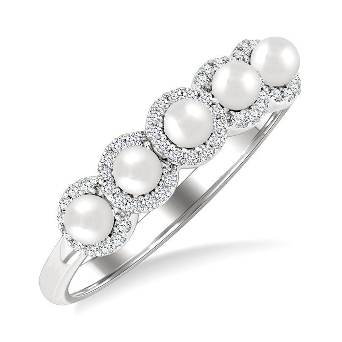 3 MM White Pearl and 1/6 Ctw Round Cut Diamond Halo Ring in 14K White Gold