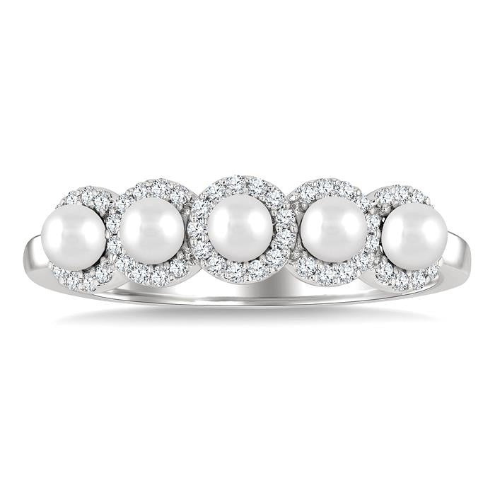 3 MM White Pearl and 1/6 Ctw Round Cut Diamond Halo Ring in 14K White Gold