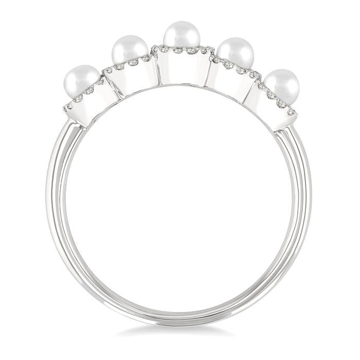 3 MM White Pearl and 1/6 Ctw Round Cut Diamond Halo Ring in 14K White Gold
