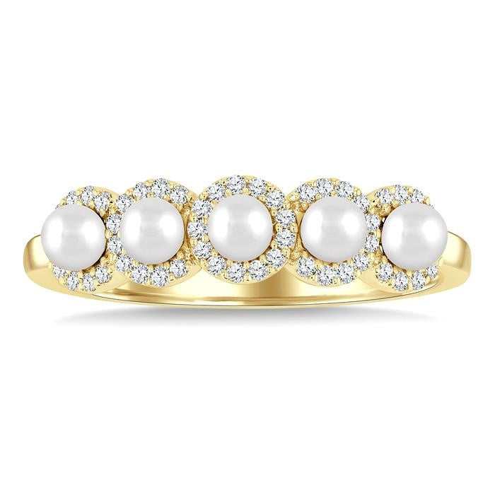 3 MM White Pearl and 1/6 Ctw Round Cut Diamond Halo Ring in 14K Yellow Gold