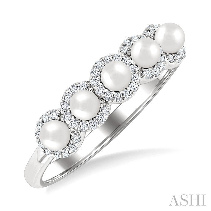3 MM White Pearl and 1/6 Ctw Round Cut Diamond Halo Ring in 14K White Gold