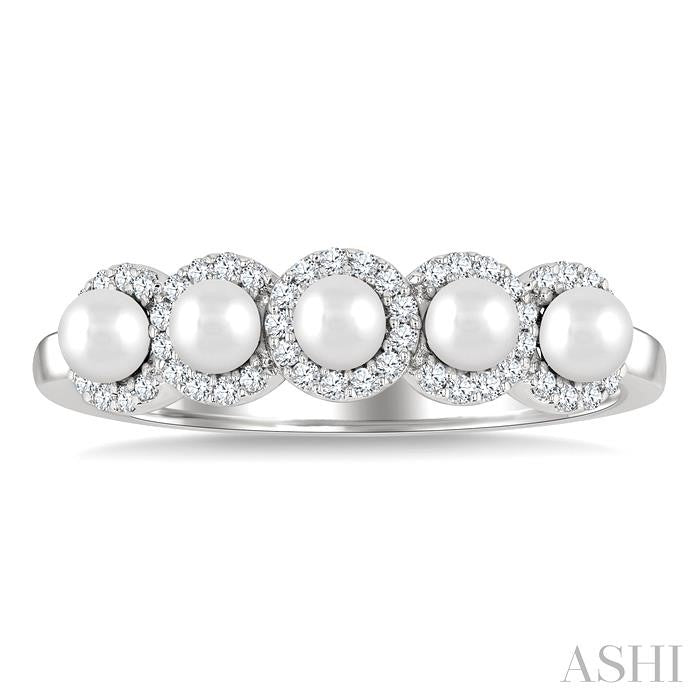 3 MM White Pearl and 1/6 Ctw Round Cut Diamond Halo Ring in 14K White Gold