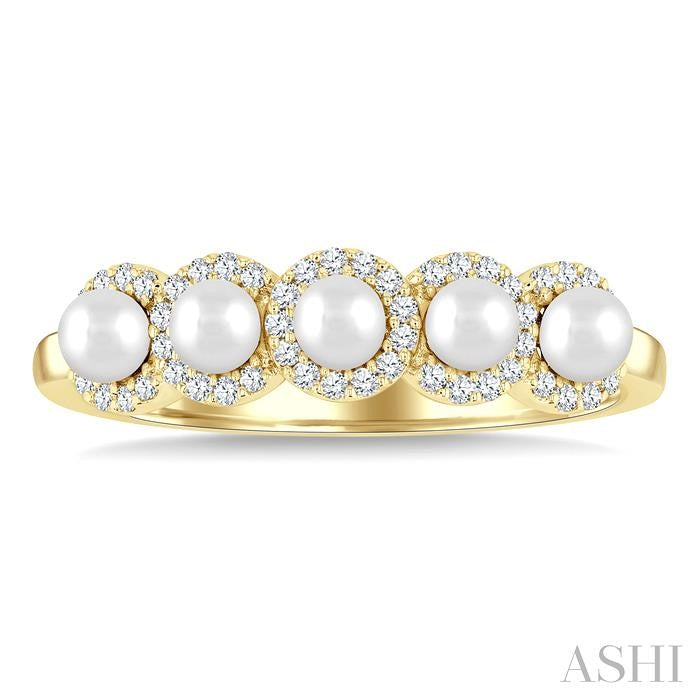 3 MM White Pearl and 1/6 Ctw Round Cut Diamond Halo Ring in 14K Yellow Gold