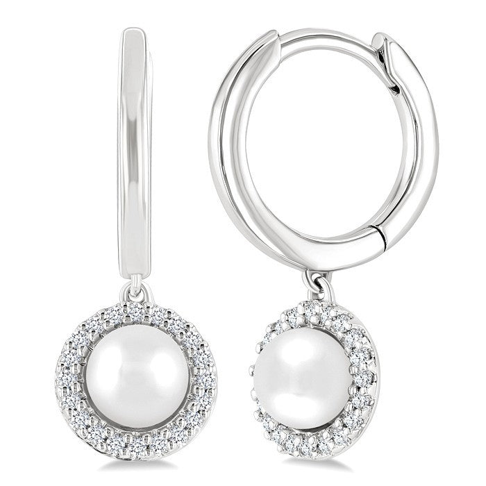 5.5 MM Round Shape Cultured Pearl and 1/8 Ctw Petite Round Cut Diamond Halo Fashion Huggies in 10K White Gold