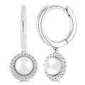 5.5 MM Round Shape Cultured Pearl and 1/8 Ctw Petite Round Cut Diamond Halo Fashion Huggies in 10K White Gold