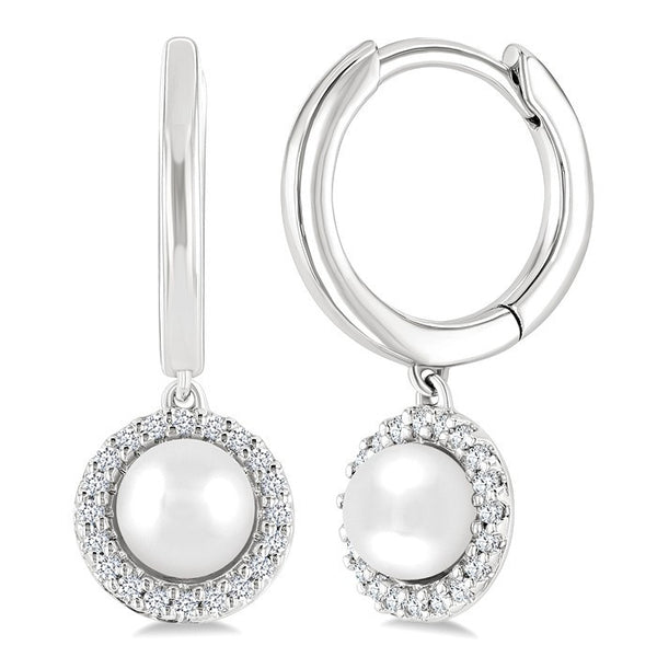 5.5 MM Round Shape Cultured Pearl and 1/8 Ctw Petite Round Cut Diamond Halo Fashion Huggies in 10K White Gold