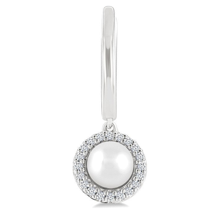 5.5 MM Round Shape Cultured Pearl and 1/8 Ctw Petite Round Cut Diamond Halo Fashion Huggies in 10K White Gold