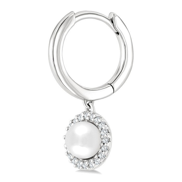 5.5 MM Round Shape Cultured Pearl and 1/8 Ctw Petite Round Cut Diamond Halo Fashion Huggies in 10K White Gold