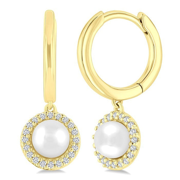 5.5 MM Round Shape Cultured Pearl and 1/8 Ctw Petite Round Cut Diamond Halo Fashion Huggies in 10K Yellow Gold