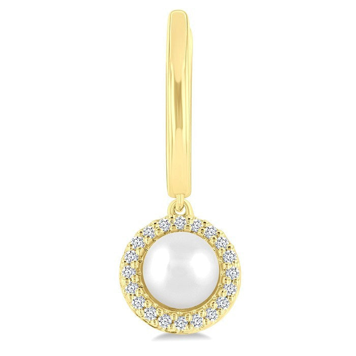 5.5 MM Round Shape Cultured Pearl and 1/8 Ctw Petite Round Cut Diamond Halo Fashion Huggies in 10K Yellow Gold