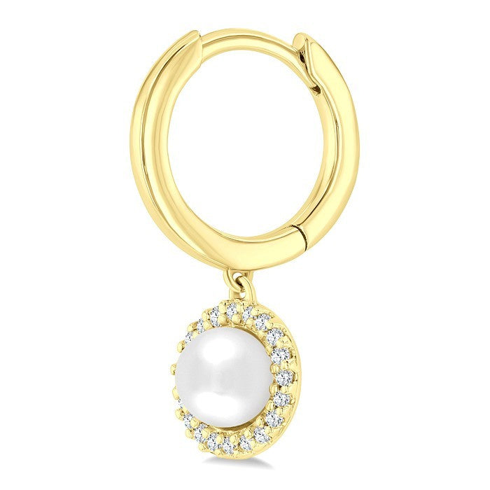 5.5 MM Round Shape Cultured Pearl and 1/8 Ctw Petite Round Cut Diamond Halo Fashion Huggies in 10K Yellow Gold