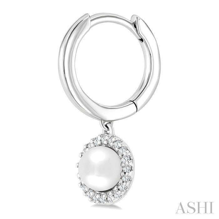 5.5 MM Round Shape Cultured Pearl and 1/8 Ctw Petite Round Cut Diamond Halo Fashion Huggies in 10K White Gold