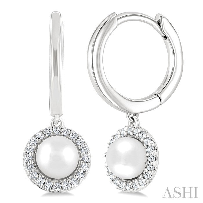 5.5 MM Round Shape Cultured Pearl and 1/8 Ctw Petite Round Cut Diamond Halo Fashion Huggies in 10K White Gold