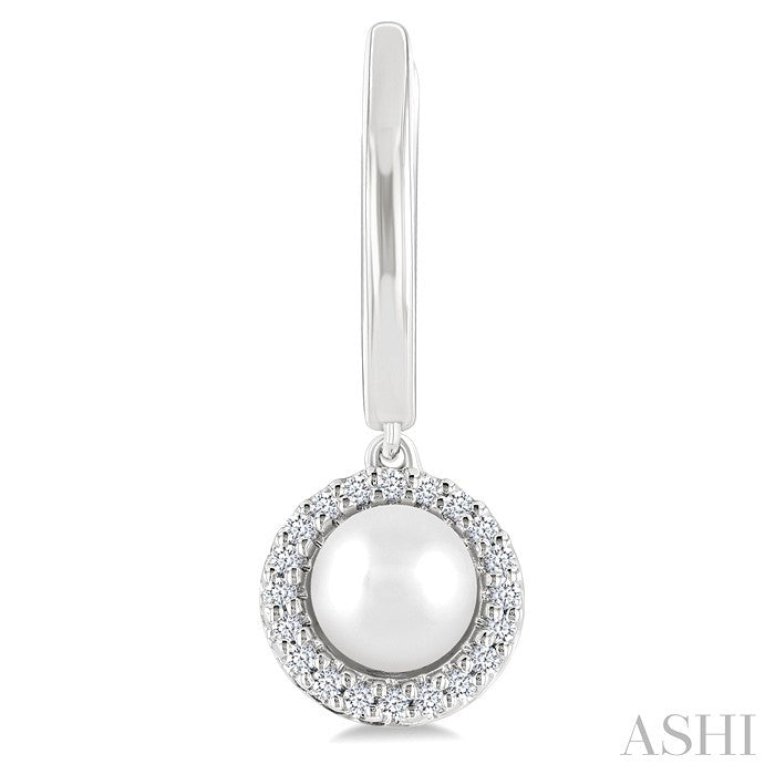 5.5 MM Round Shape Cultured Pearl and 1/8 Ctw Petite Round Cut Diamond Halo Fashion Huggies in 10K White Gold