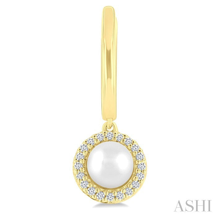 5.5 MM Round Shape Cultured Pearl and 1/8 Ctw Petite Round Cut Diamond Halo Fashion Huggies in 10K Yellow Gold