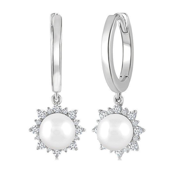5.5 MM Round shape Cultured Pearls and 1/5 Ctw Round Cut Diamond Petite Fashion Huggies in 10K White Gold