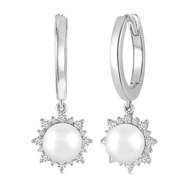 5.5 MM Round shape Cultured Pearls and 1/5 Ctw Round Cut Diamond Petite Fashion Huggies in 10K White Gold