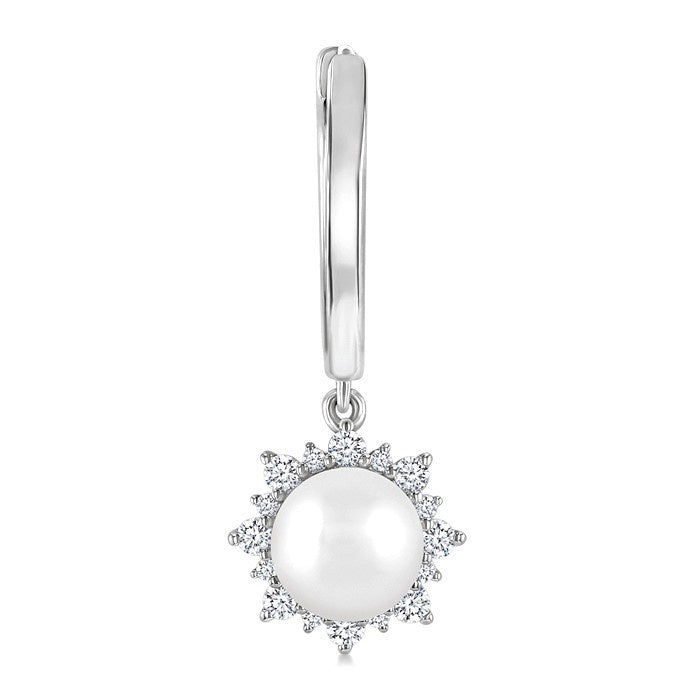 5.5 MM Round shape Cultured Pearls and 1/5 Ctw Round Cut Diamond Petite Fashion Huggies in 10K White Gold