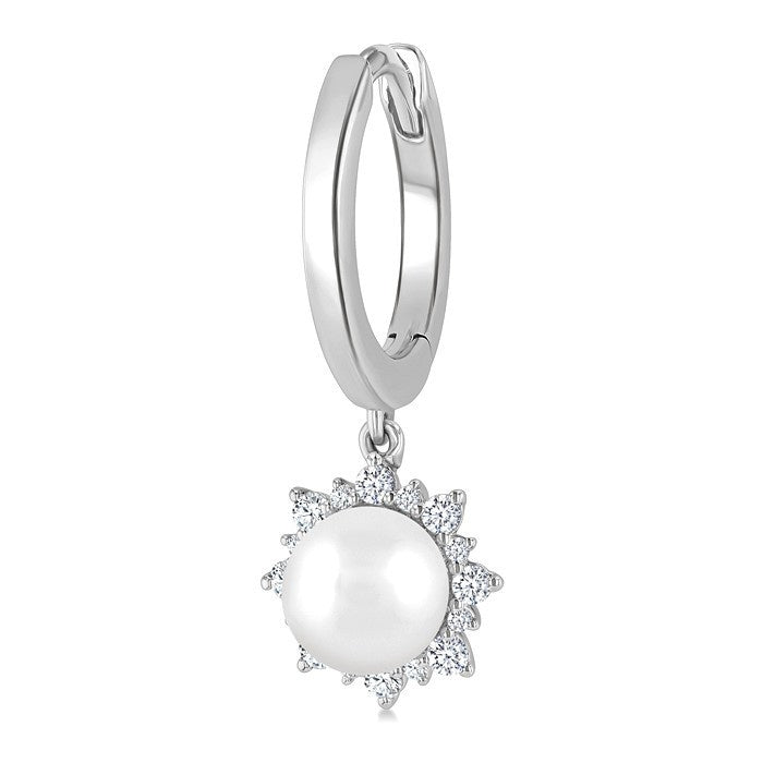 5.5 MM Round shape Cultured Pearls and 1/5 Ctw Round Cut Diamond Petite Fashion Huggies in 10K White Gold