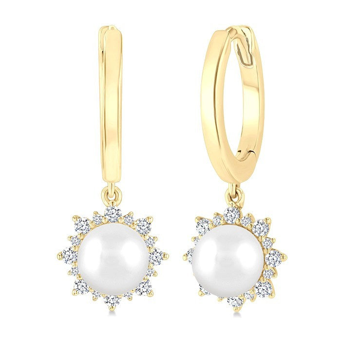 5.5 MM Round Shape Cultured Pearls and 1/5 Ctw Petite Round Cut Diamond Fashion Huggies in 10K Yellow Gold