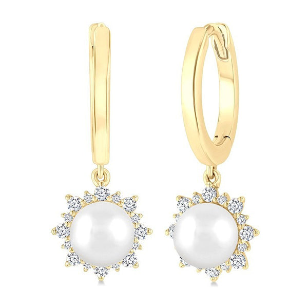 5.5 MM Round Shape Cultured Pearls and 1/5 Ctw Petite Round Cut Diamond Fashion Huggies in 10K Yellow Gold