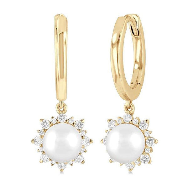 5.5 MM Round Shape Cultured Pearls and 1/5 Ctw Petite Round Cut Diamond Fashion Huggies in 10K Yellow Gold