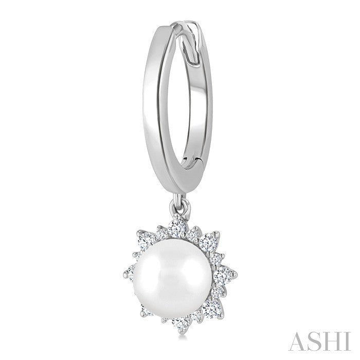 5.5 MM Round shape Cultured Pearls and 1/5 Ctw Round Cut Diamond Petite Fashion Huggies in 10K White Gold