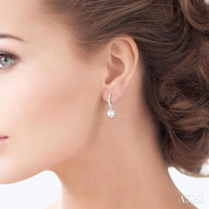 5.5 MM Round shape Cultured Pearls and 1/5 Ctw Round Cut Diamond Petite Fashion Huggies in 10K White Gold