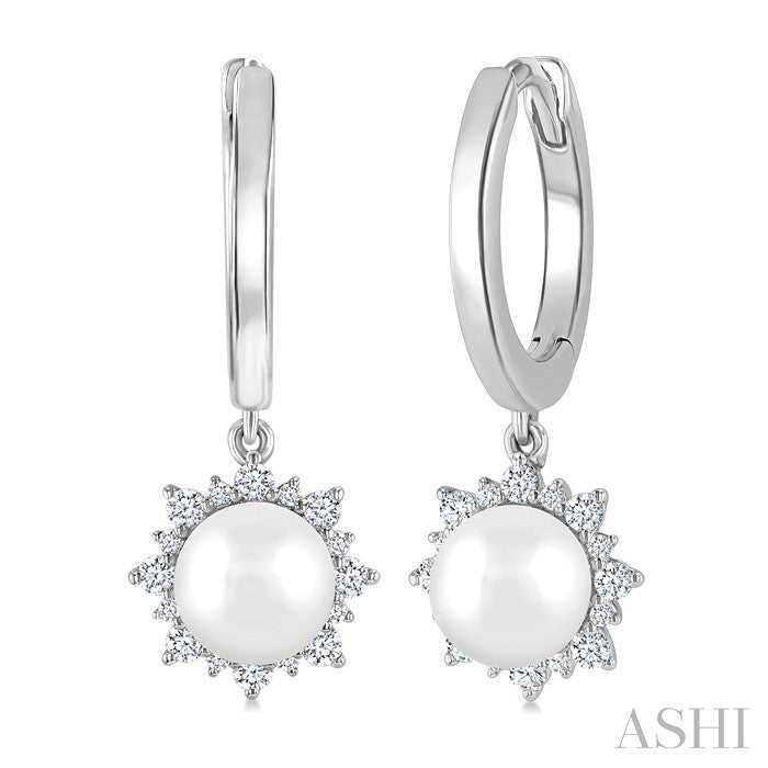5.5 MM Round shape Cultured Pearls and 1/5 Ctw Round Cut Diamond Petite Fashion Huggies in 10K White Gold
