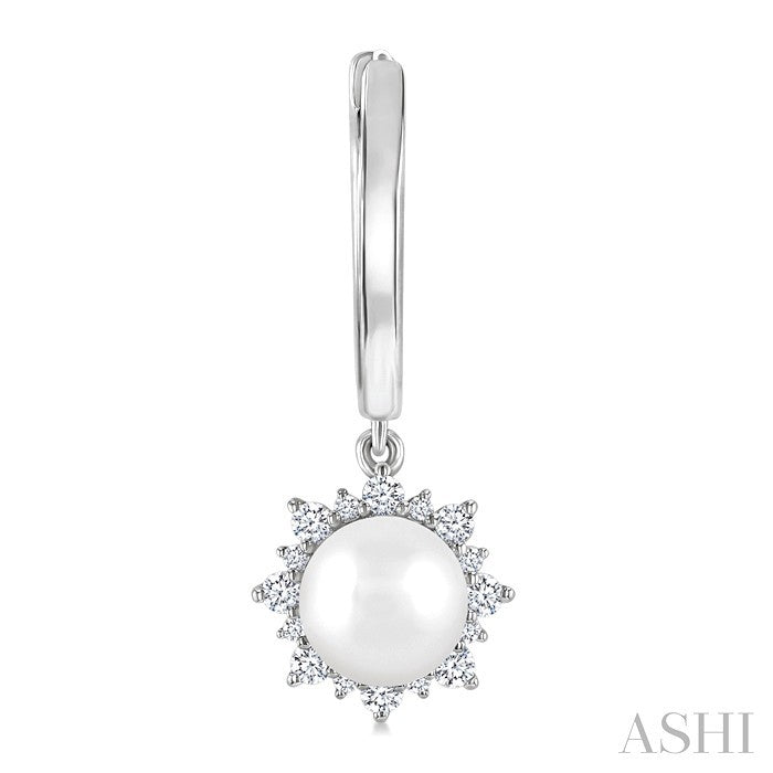 5.5 MM Round shape Cultured Pearls and 1/5 Ctw Round Cut Diamond Petite Fashion Huggies in 10K White Gold