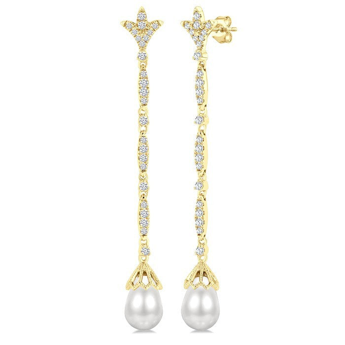 9X7 MM Marquise Link Teardrop Cultured Pearl and 1/2 Ctw Round Cut Diamond Long Earrings in 14K Yellow Gold
