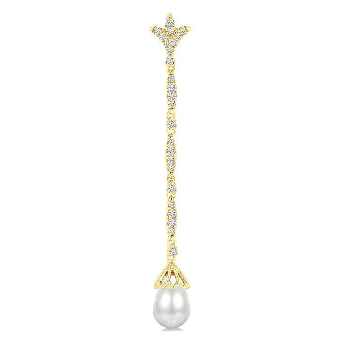 9X7 MM Marquise Link Teardrop Cultured Pearl and 1/2 Ctw Round Cut Diamond Long Earrings in 14K Yellow Gold