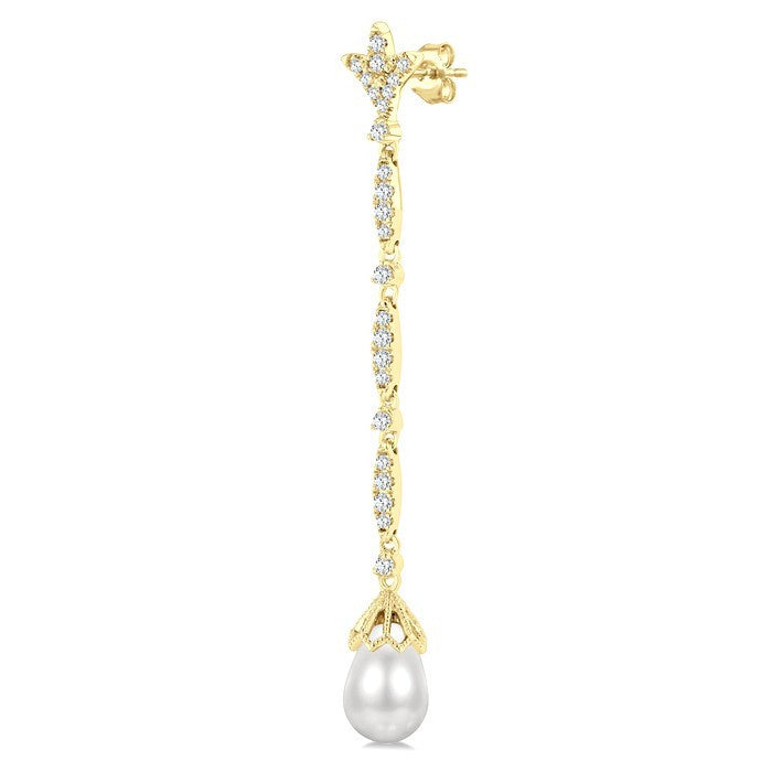 9X7 MM Marquise Link Teardrop Cultured Pearl and 1/2 Ctw Round Cut Diamond Long Earrings in 14K Yellow Gold