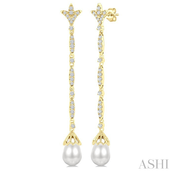 9X7 MM Marquise Link Teardrop Cultured Pearl and 1/2 Ctw Round Cut Diamond Long Earrings in 14K Yellow Gold