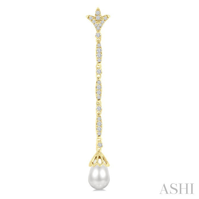 9X7 MM Marquise Link Teardrop Cultured Pearl and 1/2 Ctw Round Cut Diamond Long Earrings in 14K Yellow Gold