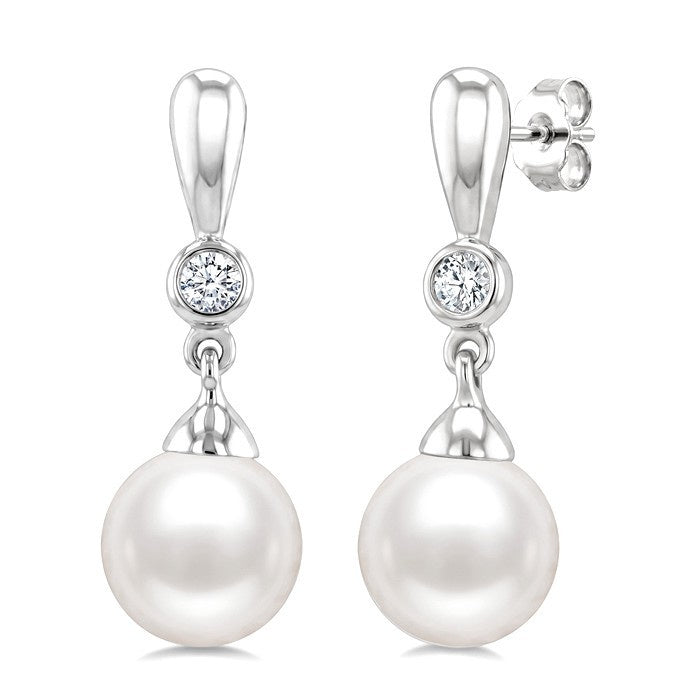 6 MM White Cultured Pearl and 1/20 Ctw Round Cut Diamond Earrings in 10K White Gold