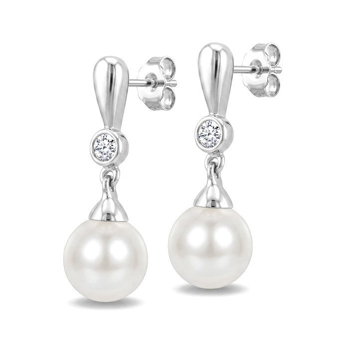 6 MM White Cultured Pearl and 1/20 Ctw Round Cut Diamond Earrings in 10K White Gold