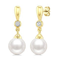 6 MM White Cultured Pearl and 1/20 Ctw Round Cut Diamond Earrings in 10K Yellow Gold