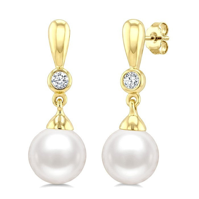 6 MM White Cultured Pearl and 1/20 Ctw Round Cut Diamond Earrings in 10K Yellow Gold