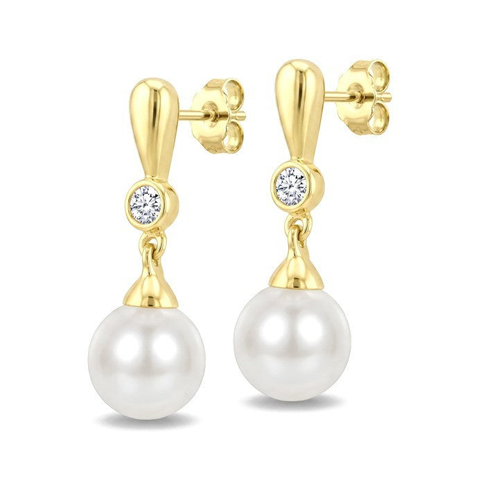 6 MM White Cultured Pearl and 1/20 Ctw Round Cut Diamond Earrings in 10K Yellow Gold