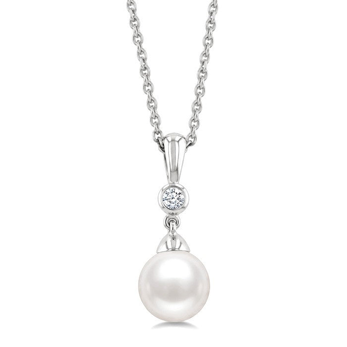 7 MM White Cultured Pearl and 1/20 Ctw Round Cut Diamond Pendant With Chain in 10K White Gold