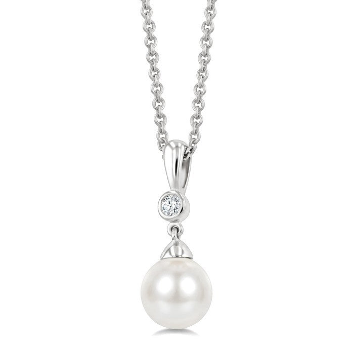 7 MM White Cultured Pearl and 1/20 Ctw Round Cut Diamond Pendant With Chain in 10K White Gold