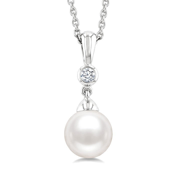7 MM White Cultured Pearl and 1/20 Ctw Round Cut Diamond Pendant With Chain in 10K White Gold