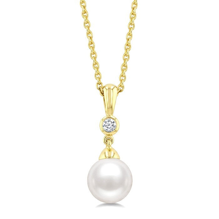 7 MM White Cultured Pearl and 1/20 Ctw Round Cut Diamond Pendant With Chain in 10K Yellow Gold